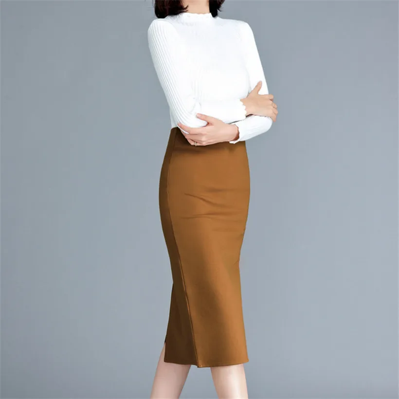 Pencil Skirt Female Bodycon Skirts Womens autumn Mid-Calf length Split Ladies Office skirt solid color skirts womens S-4XL