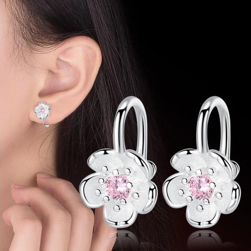 Children Silver Pink Zircon Cute Flower Clip Earrings Style Crystal