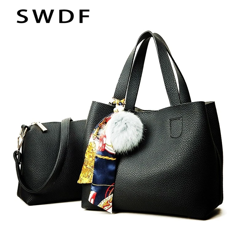 

SWDF 2019 Litchi Pattern Soft PU Leather Women Handbag Two Pieces Female Shoulder Bag Girls Messenger bag Casual Women Bag