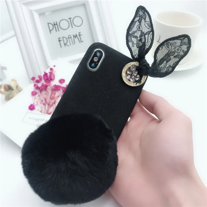 Модный чехол для iPhone Xs Max теплый меховой с шариком кружевной ушками кролика
