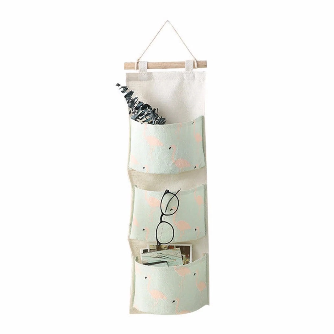 JX-LCLYL Linen 3 Layer Flamingo Storage Bag Wardrobe Hanging Bag Wall Toys Pouch Organize