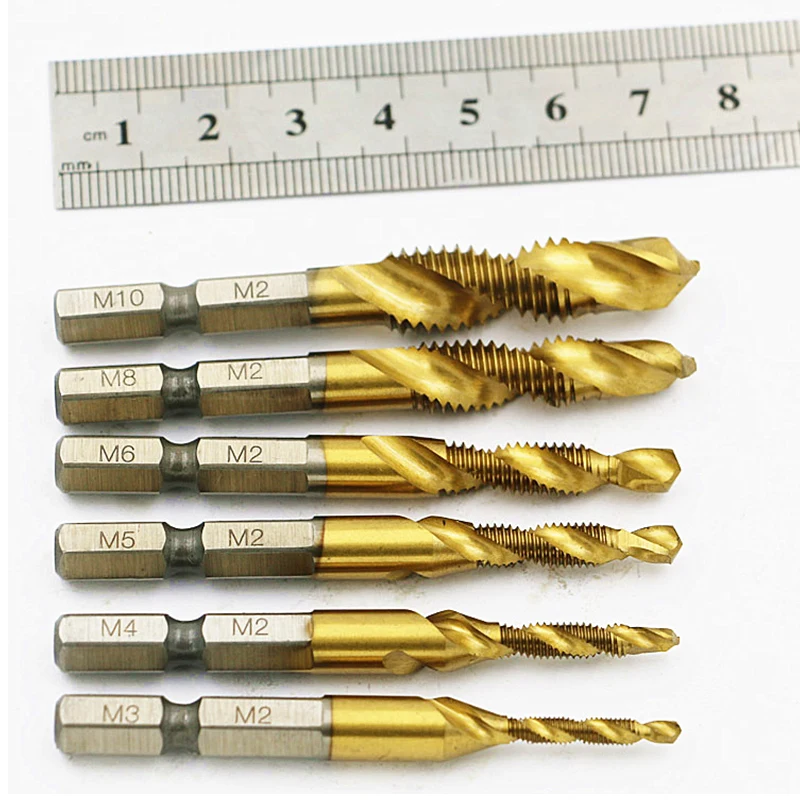 

6PCS/set Titanium Coated HSS M3 M4 M5 M6 M10 Screw Tap Metric Drill Bits 1/4 Hex Shank Countersink Deburr Set Drilling Tools