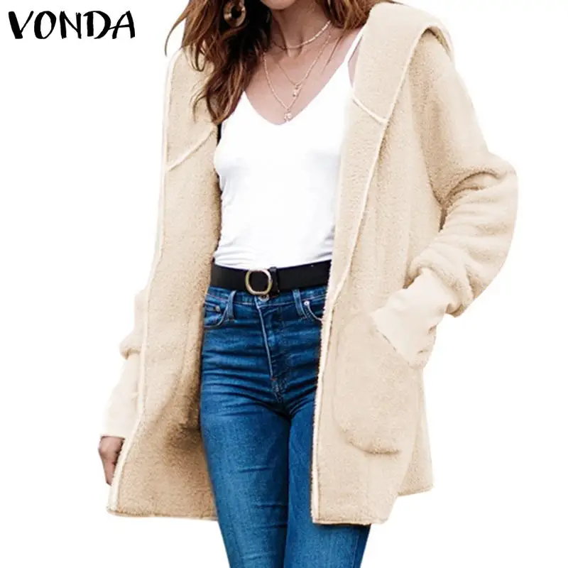 VONDA Women Faux Fur Hooded Jackets Fuzzy Casual Coats Outwear Cardigans Winter Warm Coat Plus Size Solid Color Streetwear