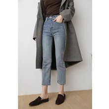 Винтажные прямые джинсы женские до щиколотки потертые хлопковые брюки джинсовые синие