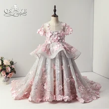 QSYYE/ г. Розовое винтажное арабское платье принцессы с цветочным узором для девочек на свадьбу, бальное платье с объемными цветами, кружевное платье для причастия для девочек