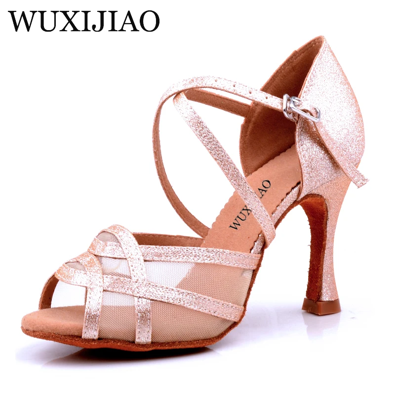 

WUXIJIAO Latin dance shoes Women Flash Satin Gold Silver Black wide thin high heel 9cm Salsa Performance Ballroom dancing shoes