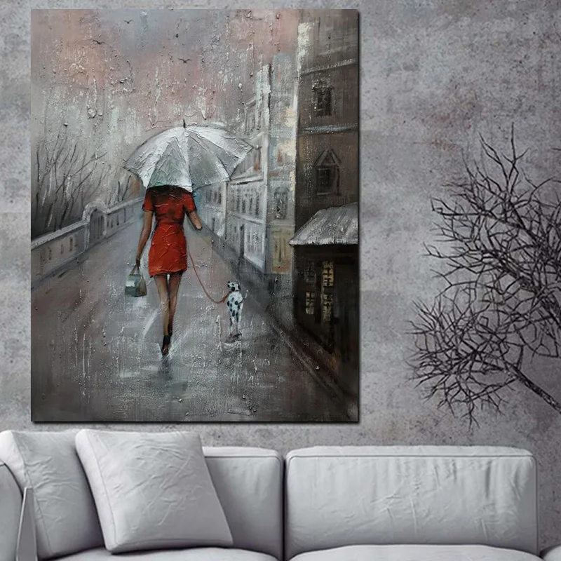 HD Print Wall Art Romance Couple Rain Day Street Landscape Poster Oil Painting on Canvas Modern Wall Picture For Living Room (2)