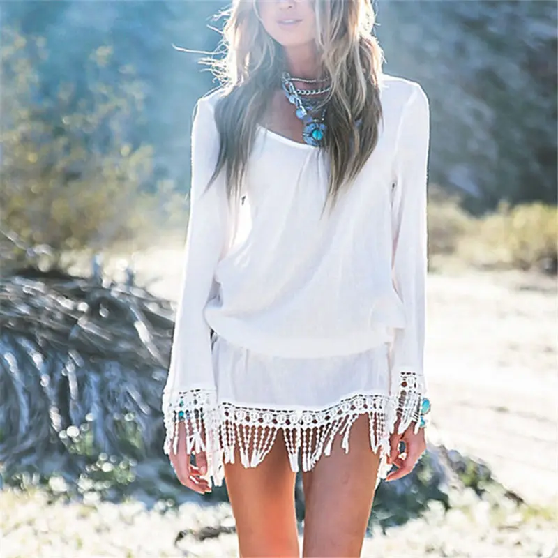 Bohemian Fringed Long Sleeve Round Neck Above Knee White Cotton Tunic Beach Dress Women Summer Beachwear Bikini Cover-ups N352