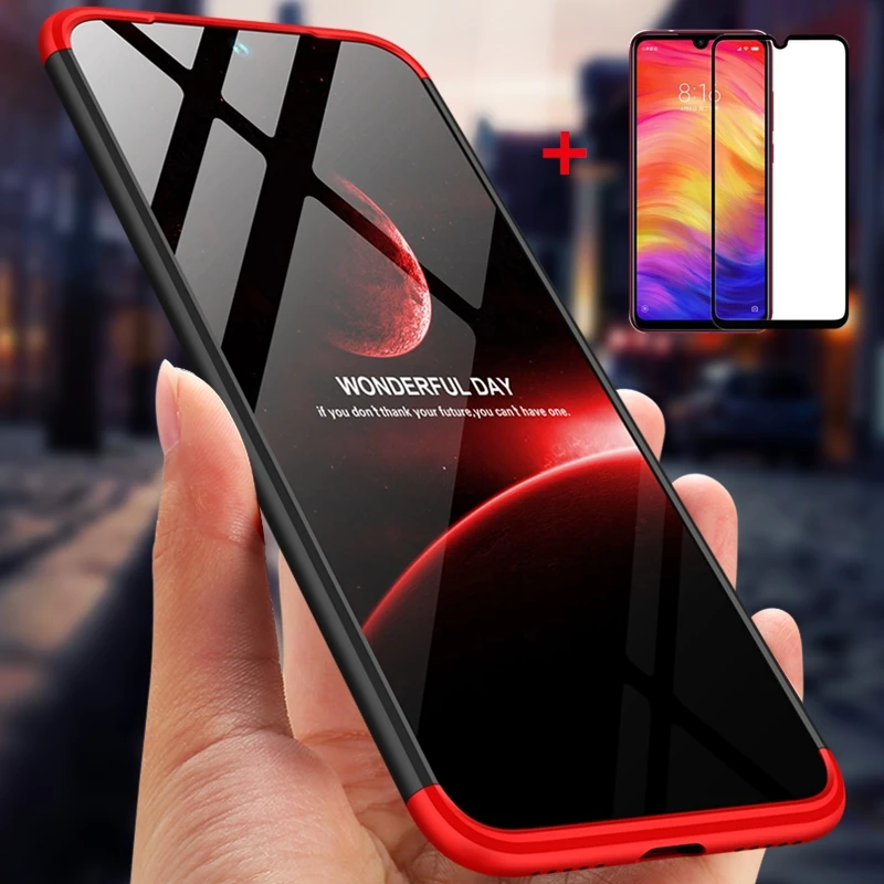 3-в-1 пластиковый жесткий 360 закаленное стекло + чехол для Xiaomi Redmi Note 7 анти-шок PC