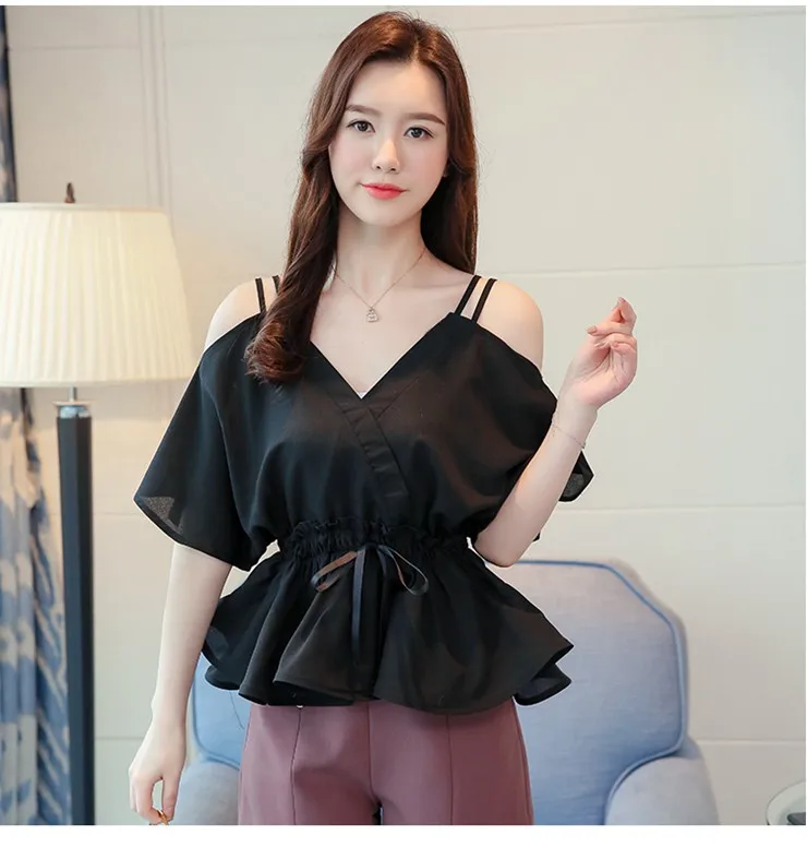 2018 Women Tops Summer Sexy Off Shoulder Blouse Ladies V-neck Short Sleeve Peplum Tops White Shirt Femme Chiffon Blusas Mujer  (9)