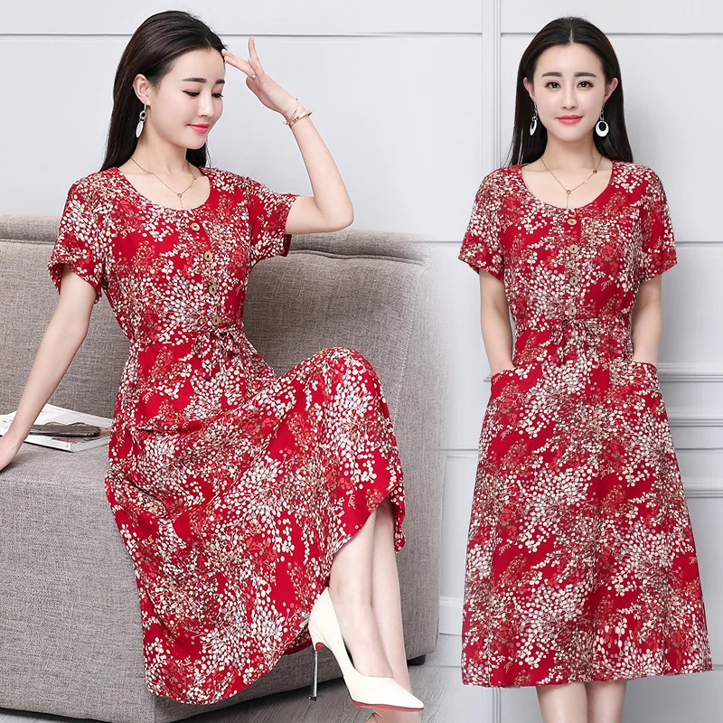 

Plus Size S-6XL Promotion New Vestidos Mujer Women Dress Women Round Neck Short-sleeved Cotton Printed Slim Belt