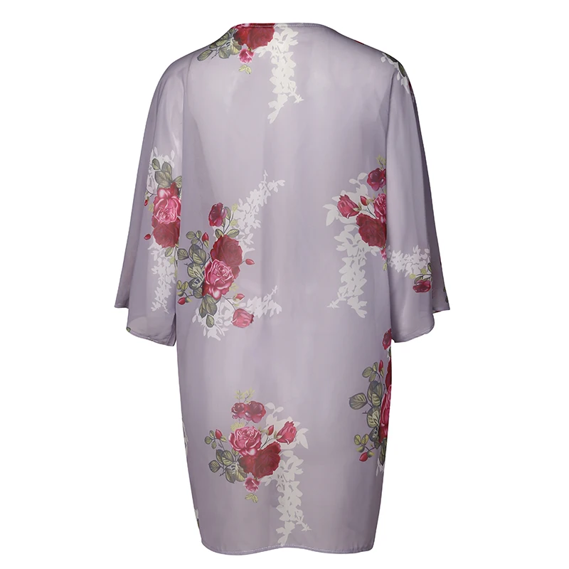 Women Boho Floral Loose Blouse Open Stitch Tops Shirt Floral Print Chiffon Cardigan Kimono Summer Beachwear Black Gray Blusas