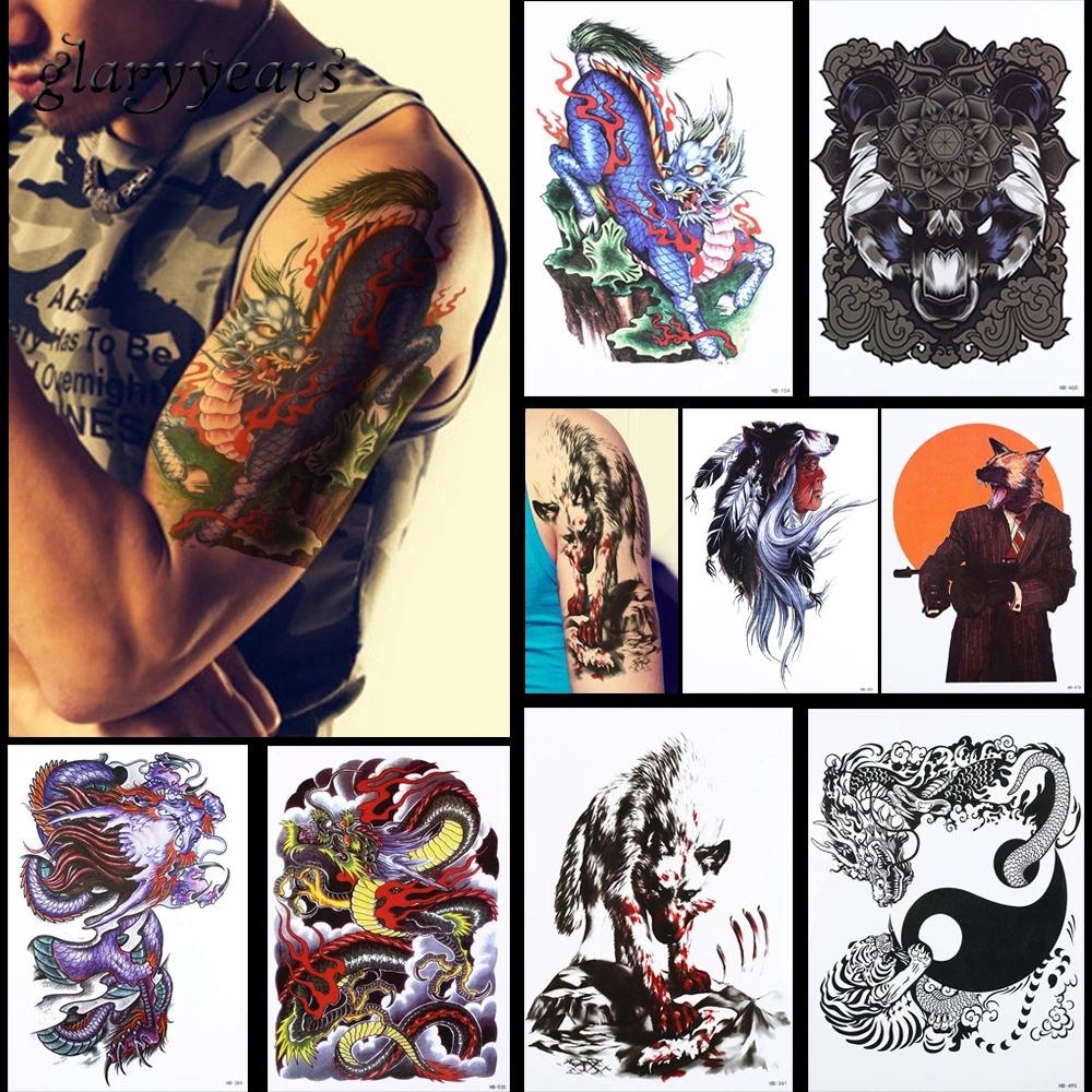 ملصقات وشم مؤقتة بتصميم تنين وولف 8 قطع ريش دب مقاوم للماء للرجال والنساء فن الجسم Hb 34 Tattoo Sticker Art Tattoobody Art Tattoo Aliexpress
