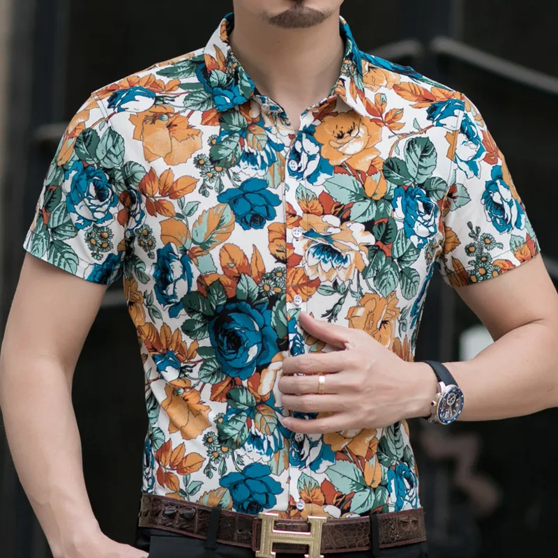 Мужская гавайская рубашка с коротким рукавом, мужская приталенная рубашка Camisa Masculina, летняя Гавайская Повседневная мужская рубашка с цветочным принтом - Цвет: 15 Asian size