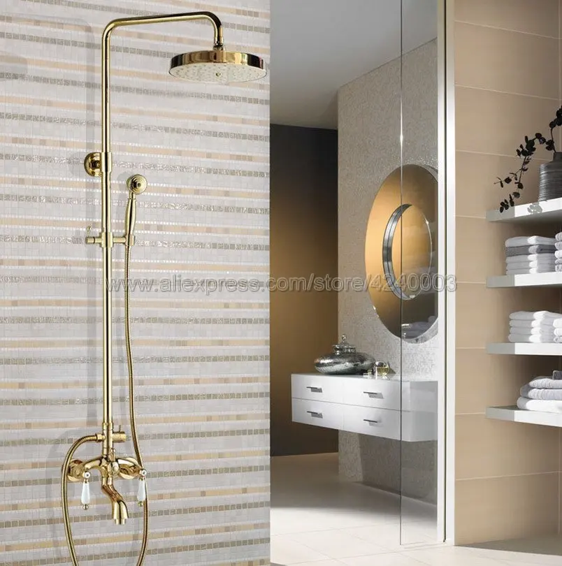 

Luxury Gold Color Brass Shower Faucet Wall Mount Rain Shower Set Faucet Bathroom Dual Handheld Bathtub Mixer Tap Kgf425