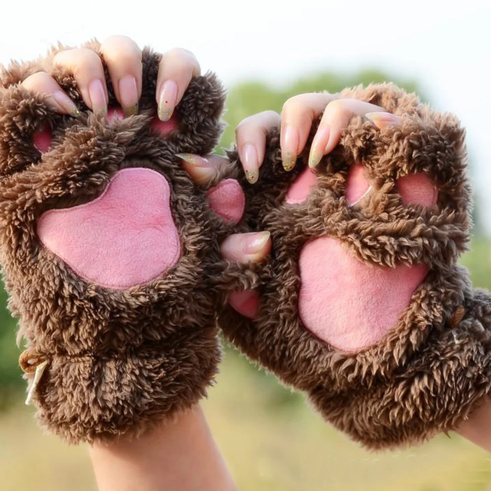 Зимние женские плюшевые перчатки пушистый медведь/кошка плюшевая лапа/коготь перчатки Kawaii Хэллоуин мягкие махровые женские перчатки на пол пальца варежки