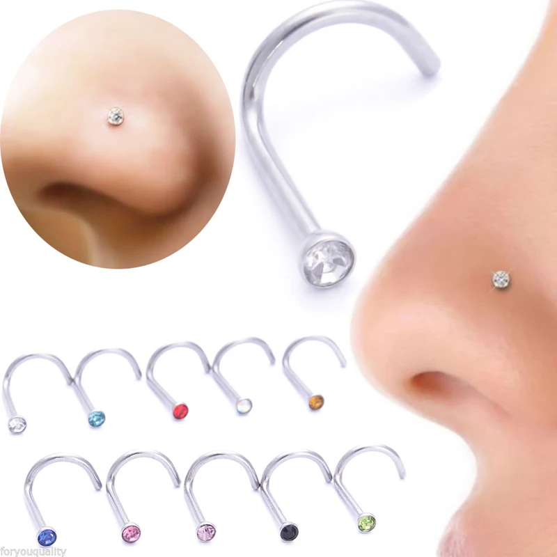 

Showlove-Hook Bone Bar Pin Piercing Jewelry Small Gem Crystal Screw Nose Stud Ring Nose Studs Rings 13 Color for your choose