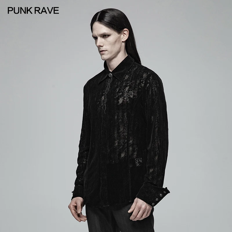 Панк рейв Мужская Готическая кружевная Флокированная рубашка стимпанк модная прозрачная ретро мужская повседневная черная блузка с длинным рукавом