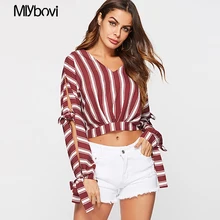 Красный с v-образным вырезом Для женщин футболка Повседневное элегантный Для женщин Полосатый Slim Fit Футболка Для женщин осень Офисные женские туфли хлопковые топы с длинными рукавами