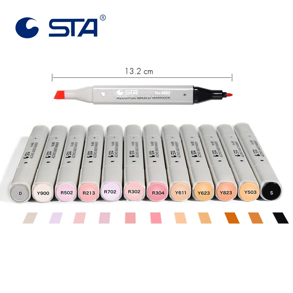 STA 12 цветов двуглавый тон кожи теплый цвет Маркеры Ручка белая ручка набор с цвет меньше блендер