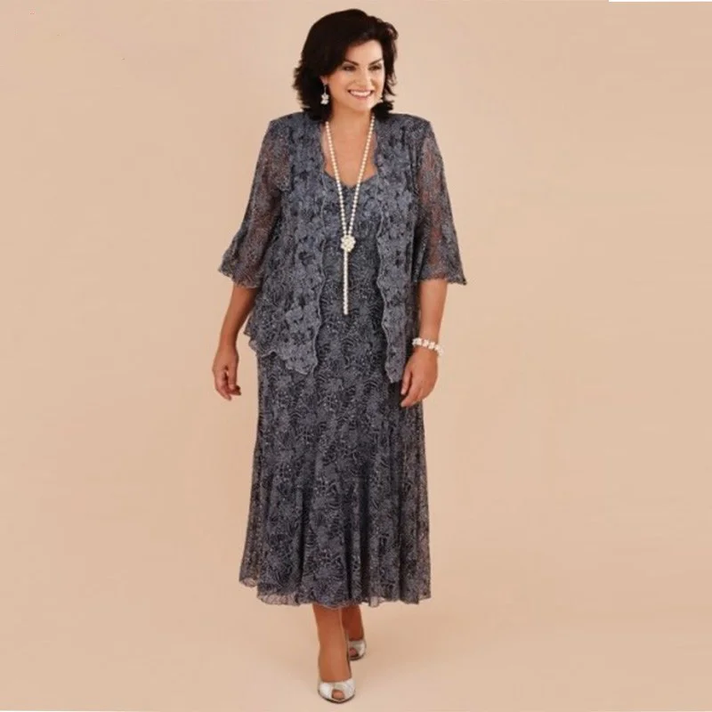 Plus Size Gray font b Lace b font font b Tea b font font b Length