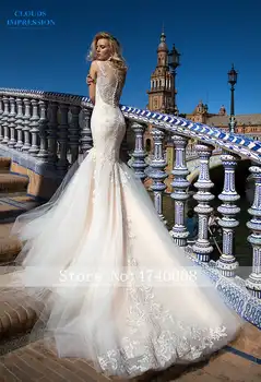 CLOUDS IMPRESSION Sexy 2019 Mermaid Wedding Dress Lace Beading Appliques Bride Tulle Dress Vestige De Noiva Chapel Train
