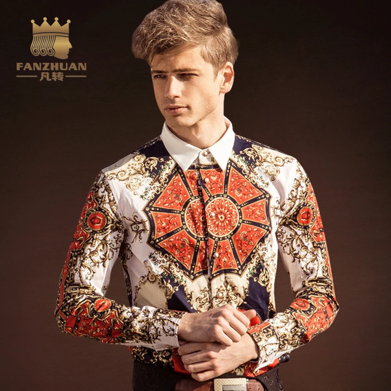 FANZHUAN Men Dress Shirt Pattern Print Long Sleeve Personality Designer Shirt Hawaii Shirts Men Floral Shirt Wedding Dress