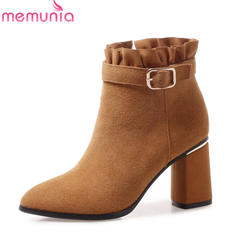 

MEMUNIA 2018 new fashion ankle boots for women pointed toe cow suede leather boots high heels autumn winter boots ladies shoes