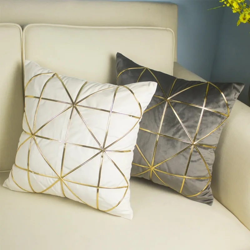 

Beige Grey Geometric Pillow Cover Luxury Golden Embroidery Cushion Cover With PU Decoration Pillow Case Pillow Sham 45X45CM