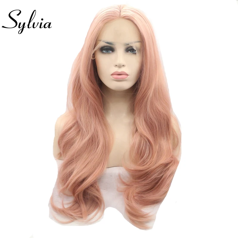 

Sylvia Mixed Peach Pink Natural Wave Synthetic Lace Front Wigs Middle Parting Glueless Heat Resistant Fiber Hair for Woman