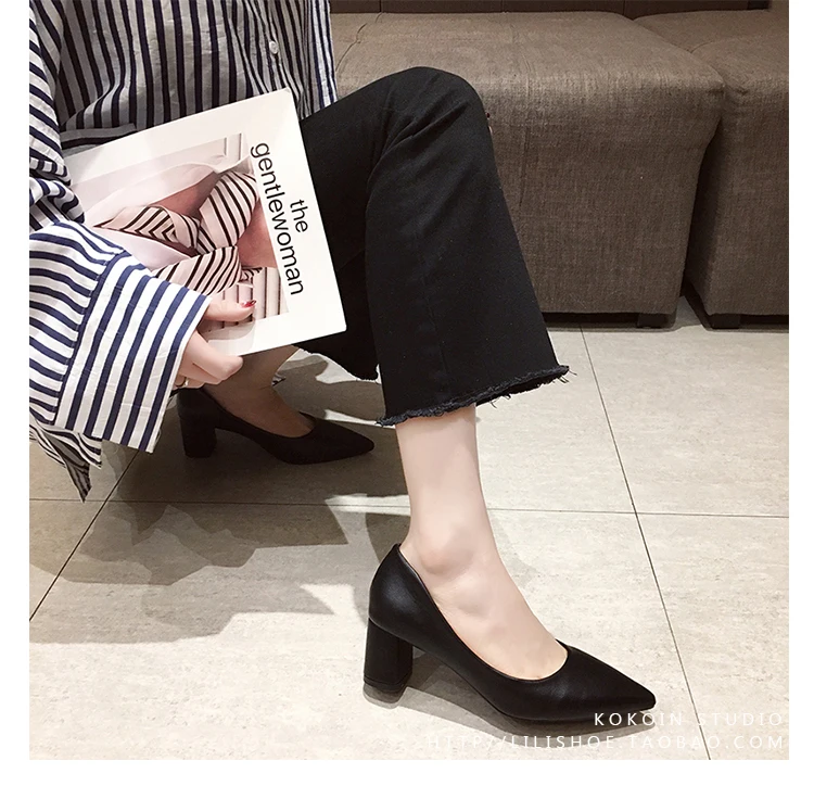 Красные сетчатые туфли в европейском стиле; Новинка года; сезон весна; корейские женские туфли с острым носком на толстом каблуке; черные туфли для профессиональной работы; женская обувь