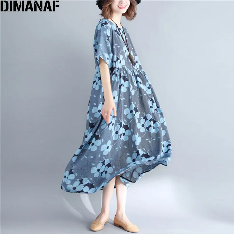 DIMANAF женское льняное платье больших размеров с цветочным рисунком, летнее праздничное женское винтажное свободное синее пляжное платье