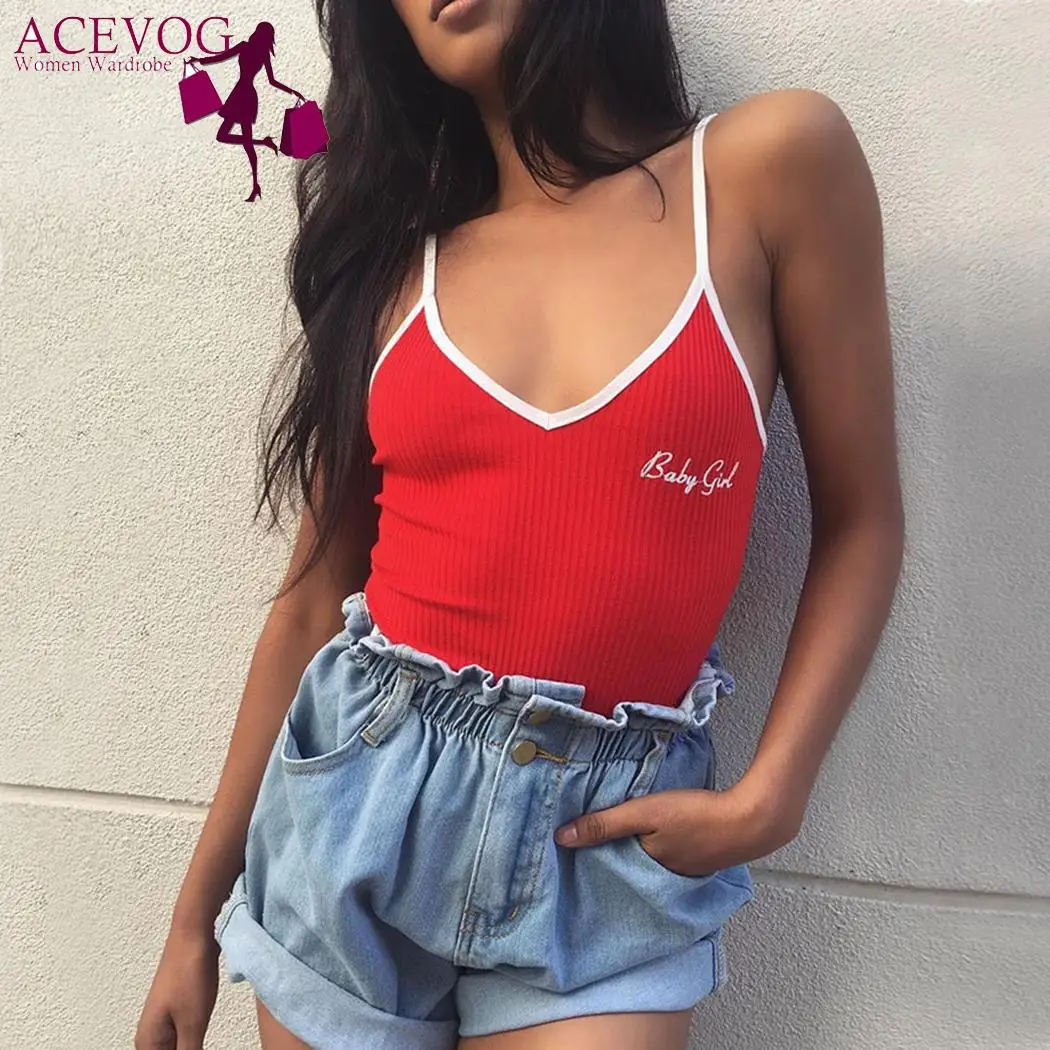 Letter Casual Sexy V-Neck Spaghetti Strap Women Print Embroidery Slim Bodysuits | Женская одежда
