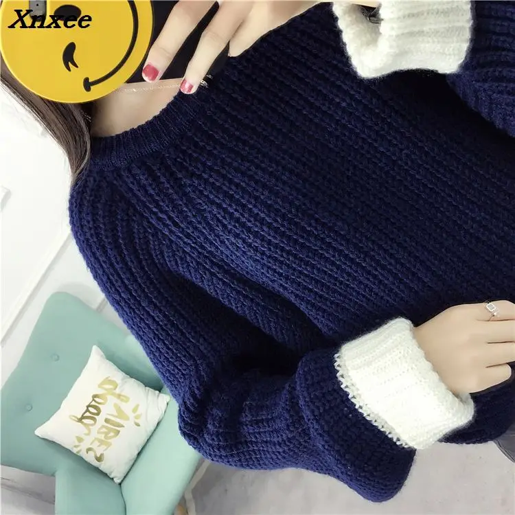 2018 Autumn sweater women pullover knitted knitted top for winter Sweater Leisure bat sleeve loose pullover sweater Female Xnxee