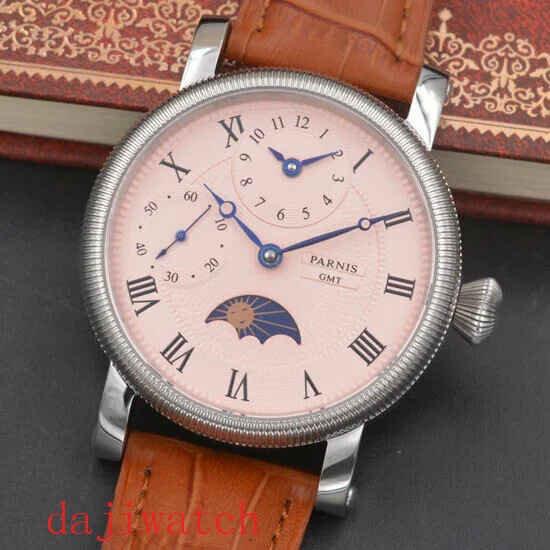 42 мм PARNIS розовый циферблат Moon Phase GMT Мужские часы с ручным заводом