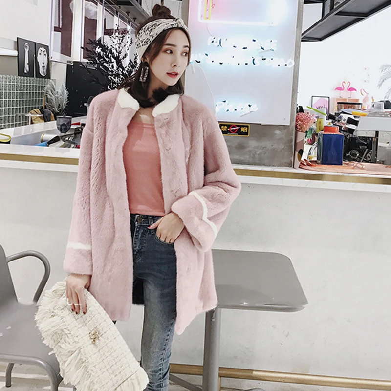 Manteaux Fansty2017 Vison Hiver Lettre Motif Perte O M Longues Importation rose Moyenne Ardoisé Manches Lignes De Fourrure Femme Manteau Véritable Y cou Fwxpzq5H