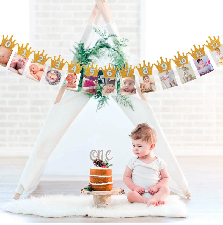 Baby 1st Birthday Banner Gold Paper Photo Frame Baby Shower Boy Girl Anniversary Decor First Birthday Picture Frame