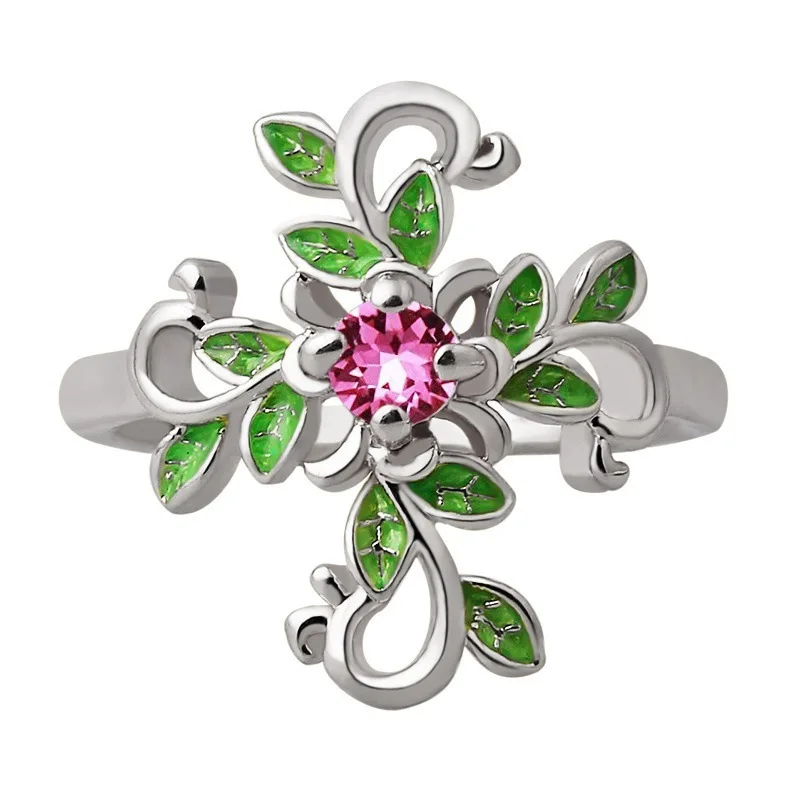 

Cubic Zirconia Green Pink Crystal Rings for Women Jewelry Colourful Rose Gold Color Ring Leaf for Women Drop Shipping