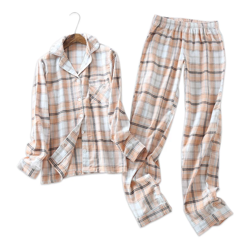 

Large plus size Germany 100% brushed cotton Spring simple plaid womens pajamas sets long-sleeved pijamas sleepwear for women