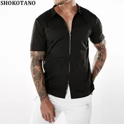 SHOKOTANO Для мужчин молнии Дизайн футболка с коротким рукавом одноцветное Цвет стильная рубашка для Для мужчин хип-хоп Тонкий Тощий рубашка