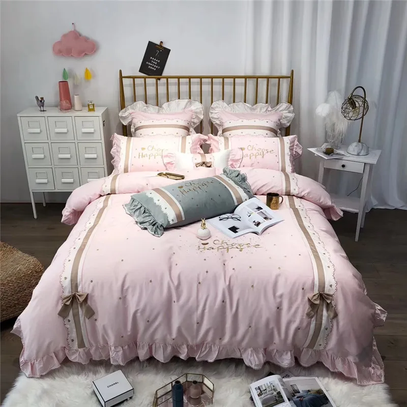 cheap Home Textile Embroidery Lovely Princess style Bedding Sets Duvet Cover Pillowcase Sheet Linen Queen King Size 4 7Pcs