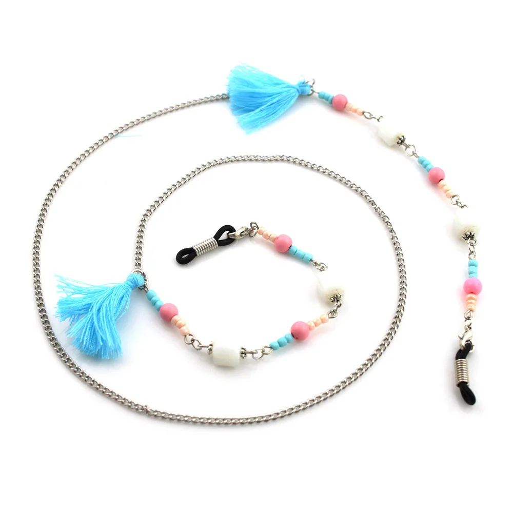 1pc Bohemian Eyeglass Sunglasses Link Chains Necklace Blue Tassel Cord