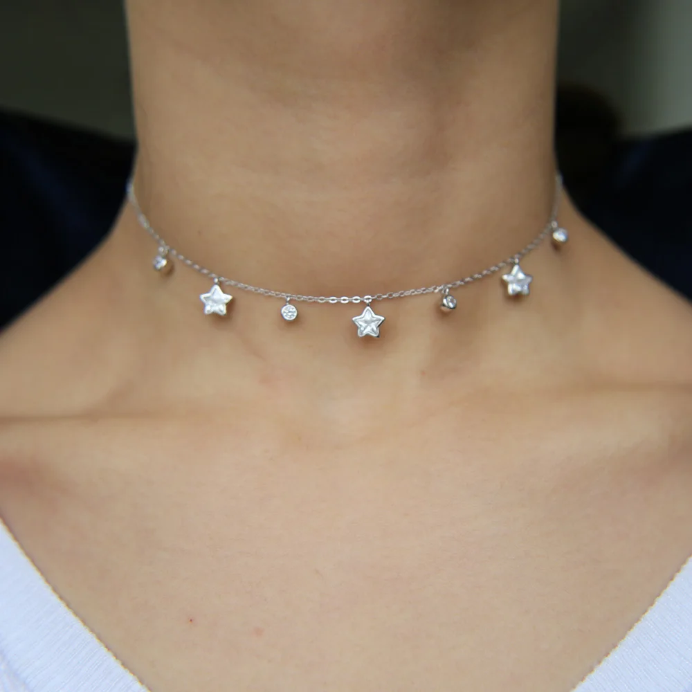 Короткое ожерелье Настоящее 925 Серебряное кольцо в форме капли с фианитами Очаровательная подвеска в форме звезды ожерелье для женщин свадебный подарок колье на шею