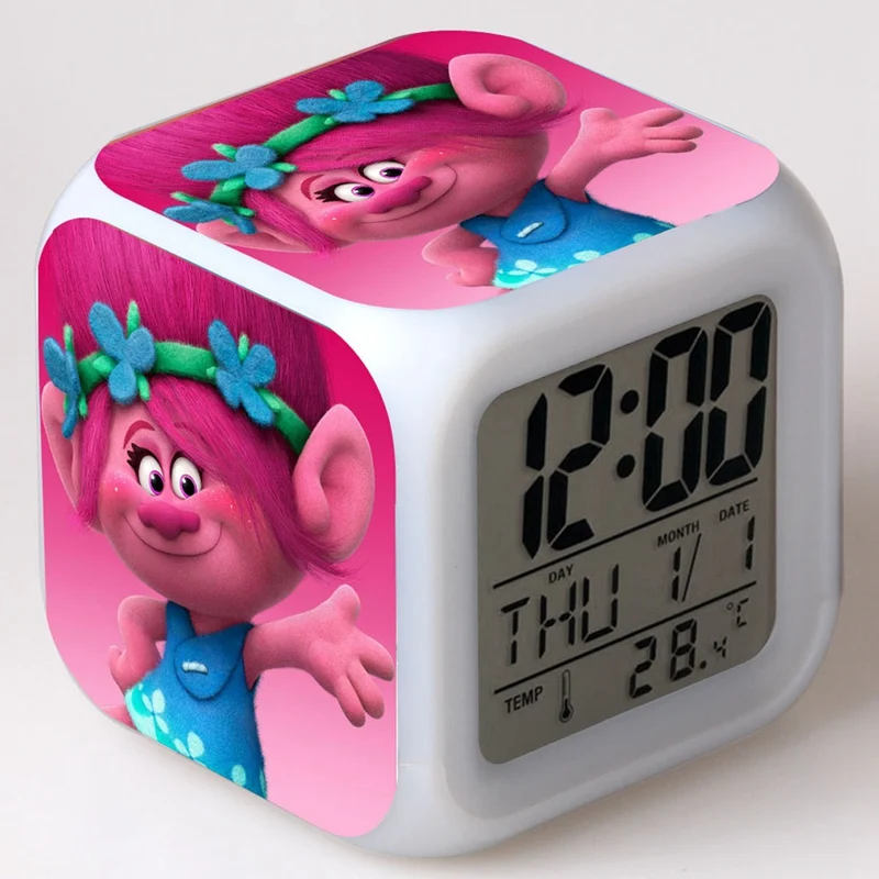 

Multi-function Trolls Cartoon Child Snooze 7 Color Glowing Change Digital Alarm Clock LED Watch Alarm Thermometer Clock Cube Toy