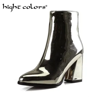 

Silver Patent Leather Ankle Boots 8.5CM High Heels Boots Women Winter Shoes Female Pointed Toe Botas Woman Spring Autumn Boots