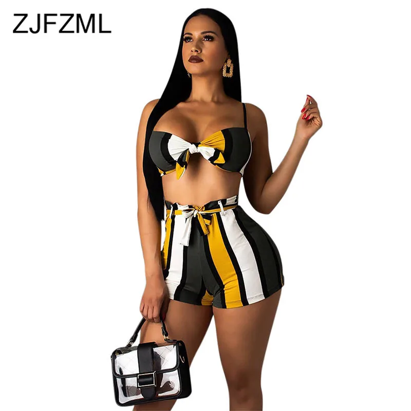 

Vertical Striped Print Two Pieces Sets Clothes For Women Spaghetti Strap Backless Crop Tops And High Waist Sashes Skinny Shorts