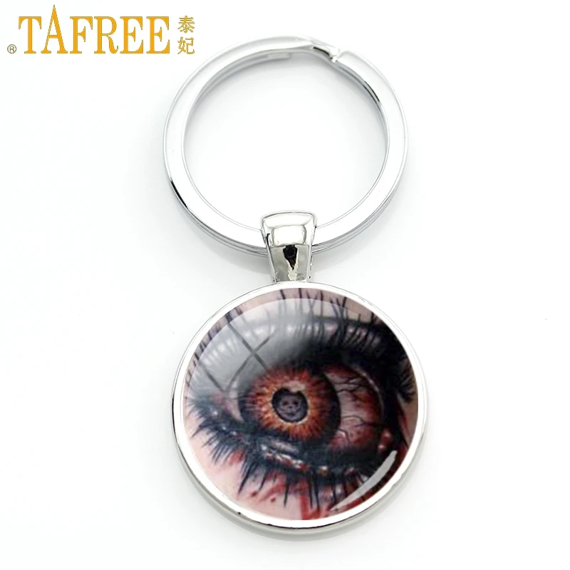 

TAFREE Fashion Keychain Horror Bloody Evil Eye Art Picture Key Chain Glass Cabochon Dome Men Jewelry FQ705