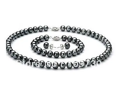 

Jewelry 00332 naturalAAA +8-9mm black pearl necklace18inch14k +earring + bracelet (A0423)