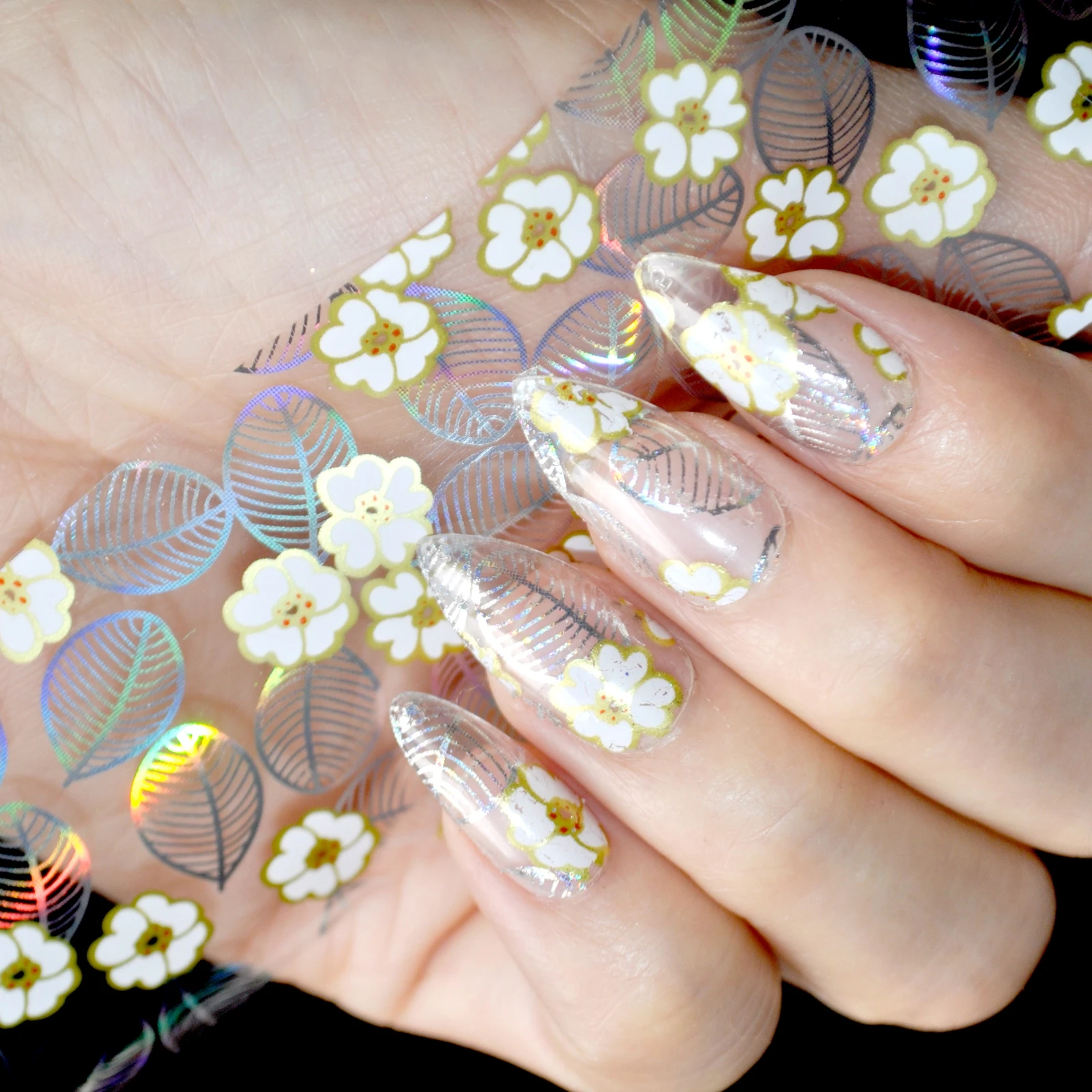 

Holographic Nail Foils White Flowers Striped Leaves Pattern Full Cover Nail Transfer Foils DIY Decoration GL639
