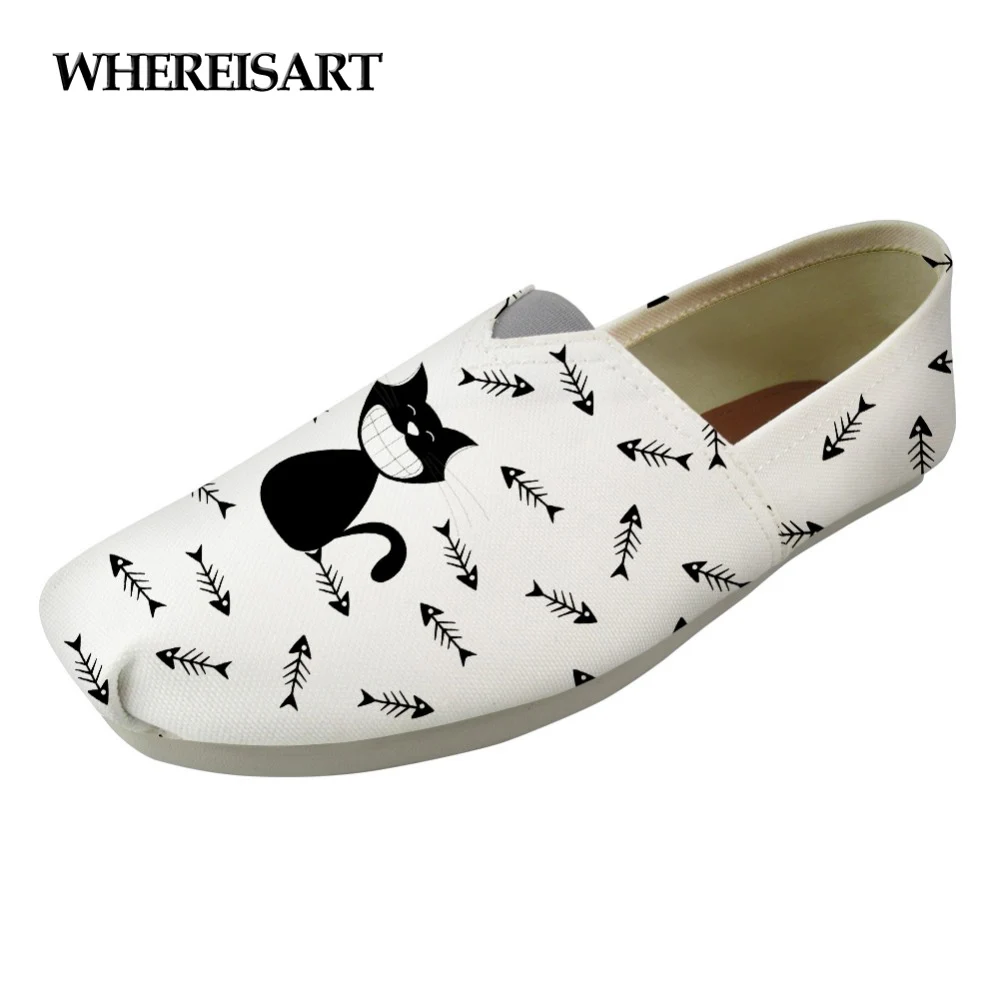 

WHEREISART White Summer Women's Loafers Flats Cartoon Cute Animal Cat Prints Women Casual Lazy Cloth Skateboarding Shoes Woman